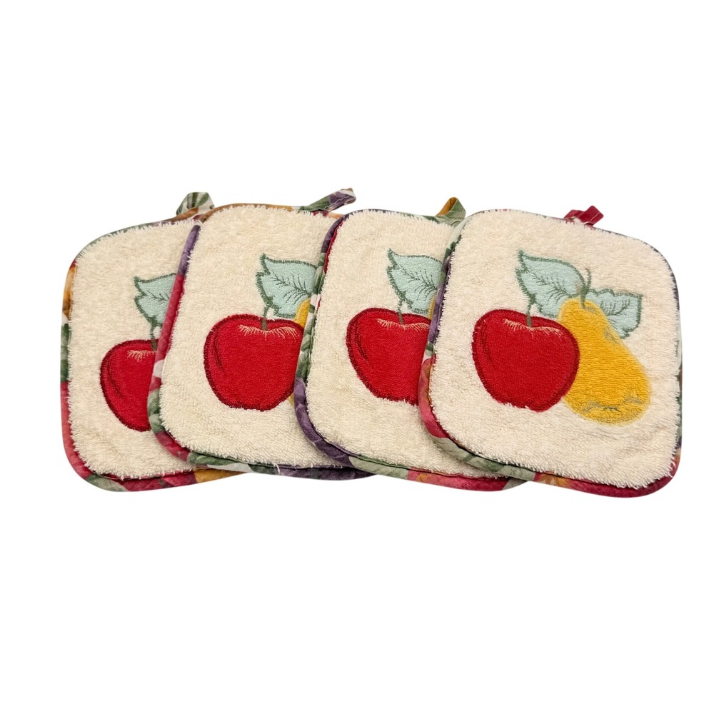 Pot Holders Set of 4 Cream Red Fruit Embroidered Quilted Farmhouse Cottagecore